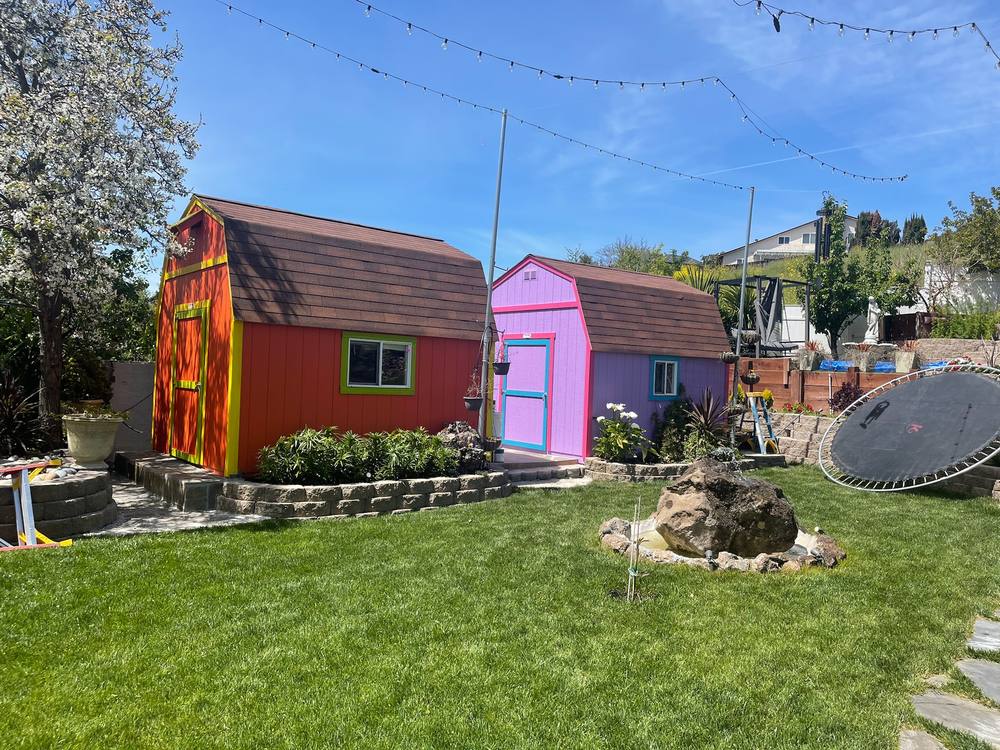 Two backyard sheds painted in bold custom orange and purple colors